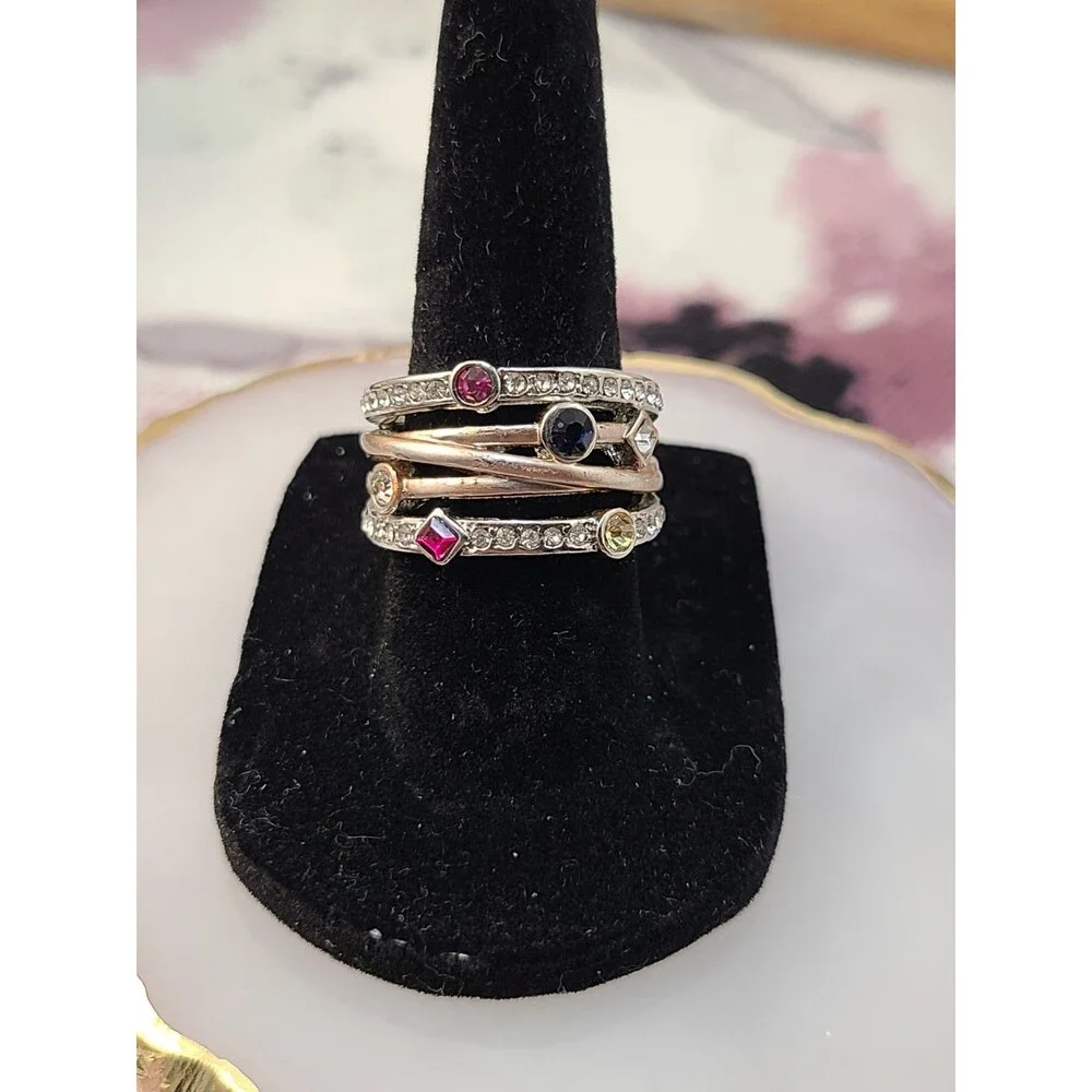 925 Sterling Silver Rainbow CZ Ring Size 6 Multi Color Gem Wide Statement Band